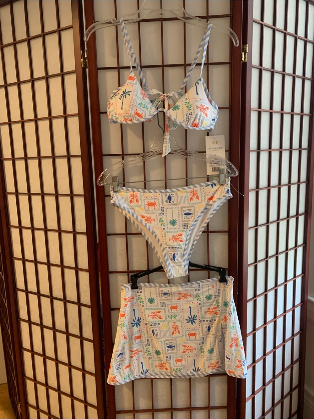 NWT Mykonos Blu 3-Piece Underwire Hi-Rise Tropical Lobster Stripe Print Size L